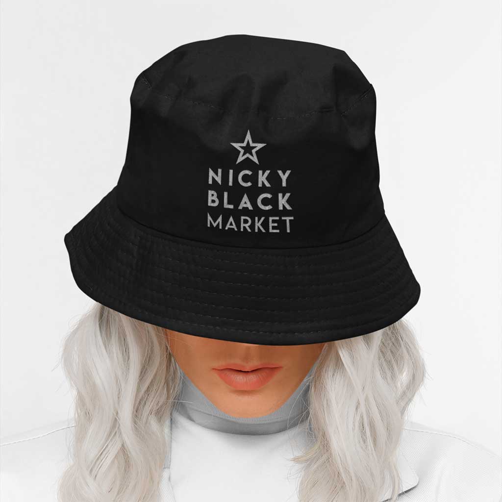 A young woman wearing an official Nicky Blackmarket bucket hat