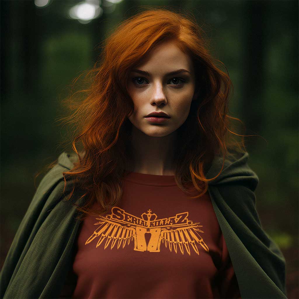 A young woman wearing an official Serial Killaz sweatshirt